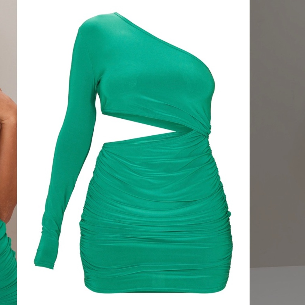 pretty little thing bright green slinky one shoulder body con cut out dress